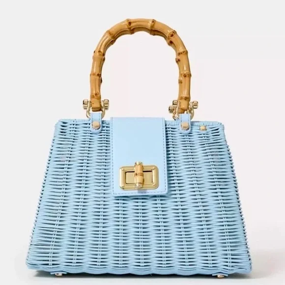 💙 LILLY PULITZER 💙 NWT Leena Top Handle Wicker Bag Bluette with Bamboo Handle - Picture 1 of 9
